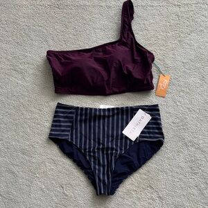 Athleta Dark Purple One-Shoulder Bikini with Striped Bottom